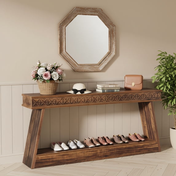 70.9" Extra Long Farmhouse Console Table - 2-Tier Wood Entryway Table With Storage, Narrow Sofa Table Behind Couch For Living Room Hallway (Dark Brown)