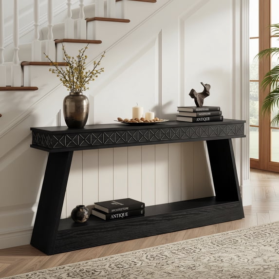 70.9" Extra Long Farmhouse Console Table - 2-Tier Wood Entryway Table With Storage, Narrow Sofa Table Behind Couch For Living Room Hallway (Black)