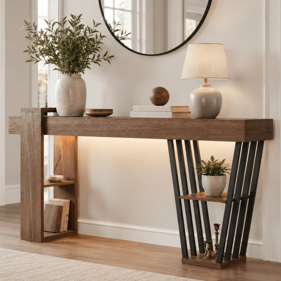 70.9" Extra Long LED Console Table with Side Storage Shelves, Modern Sofa Table Behind Couch, Entryway Accent Table with RGB Lighting, Walnut Finish for Living Room, Hallway & Foyer