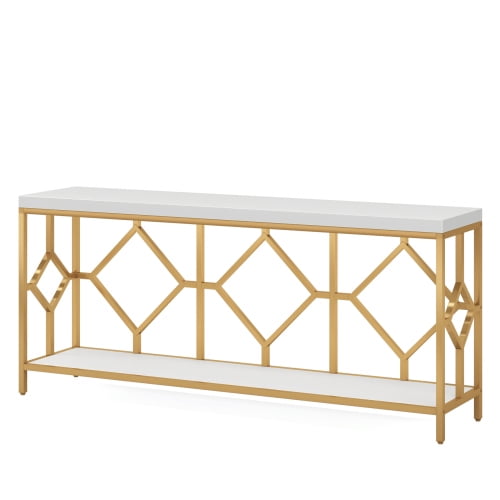 70.9" Extra Long Sofa Table, Industrial Narrow Console Table Behind Couch with Diamond Pattern Metal Frame, 2-Tier Open Storage for Entryway, Living Room, White & Gold