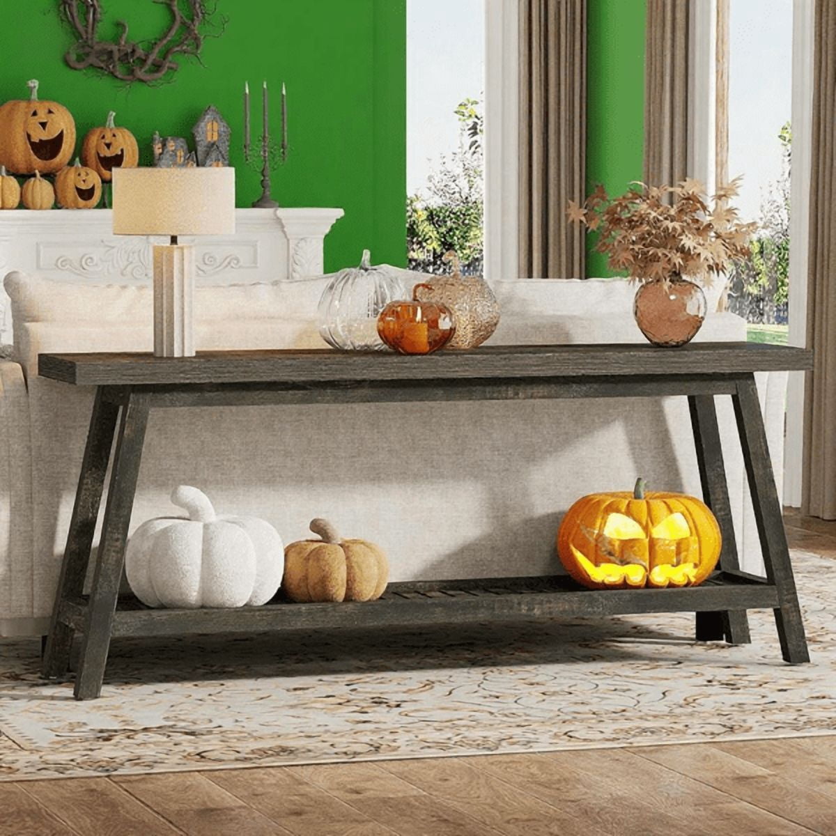 70.9" Farmhouse 2-Tier Console Table - Vintage Wood Grain, 1.97" Thick Engineered Wood, Sturdy Trapezoid Base for Entryway, Hallway, Behind Couch
