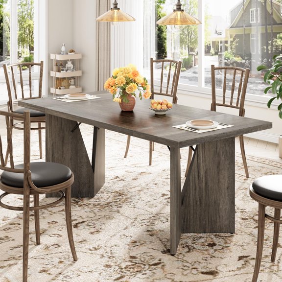 70.9" Farmhouse Dining Table for 6 - Rectangular Wooden Kitchen Table with Sturdy Frame & Thickened Top for Dining Room, Kitchen, Office & Game Room(Grey)