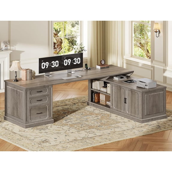 70.9" Farmhouse L Shaped Computer Desk with 3 Drawers and Storage Cabinet for Home Office, Study Writing Table with Storage Shelves