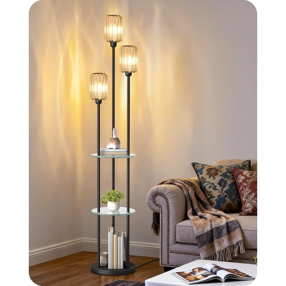 70.9" Floor Lamp with Shelves, Modern Floor Lamp with 3 Linen Shades and Foot Switch, 3-Light Standing Lamp, for Living Room, Bedroom, Study, Office, Rustic Brown