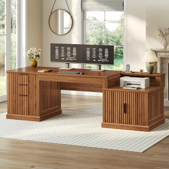 70.9" Fluted Executive Desk with 3 Drawers and Storage Cabinet, Large Computer Desk for Home Office