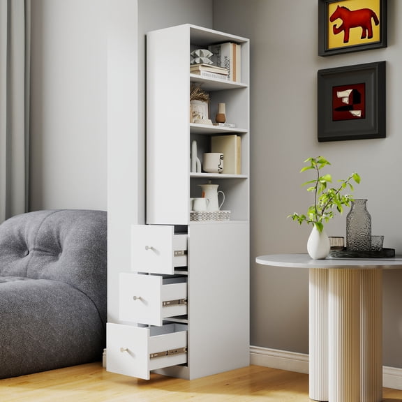 70.9" H Display Storage Cabinet with 3 Side Drawers, 4 Tier Shelf,Modern Wooden Tall Bookshelf with High Quality MDF,Narrow Conner Decoration Bookcase for Living Room Home Office,White