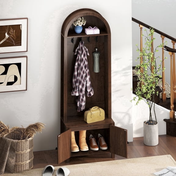 70.9" Hall Tree with Bench Shoe Storage, Arch Coat Rack, Farmhouse Style Organizer for Hallway Entryway