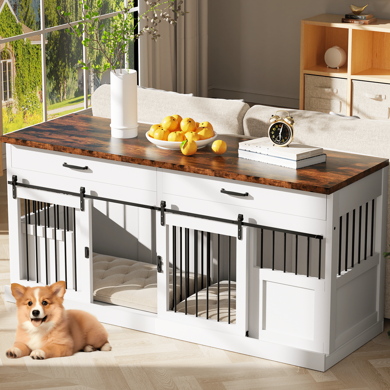 70.9'' Heavy-Duty Wooden Kennel Cage, Large Dog Crate Furniture with 2 Drawers and Divider, TV Stand End Table for 2 Large Dogs, White