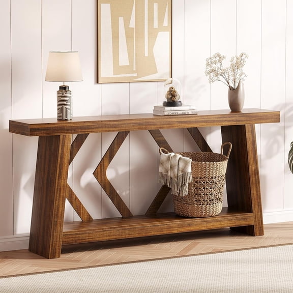 70.9 In Console Table Ultra-Stable Trapezoid Leg 2-Tier Storage for Living Room Hallway Rustic Brown