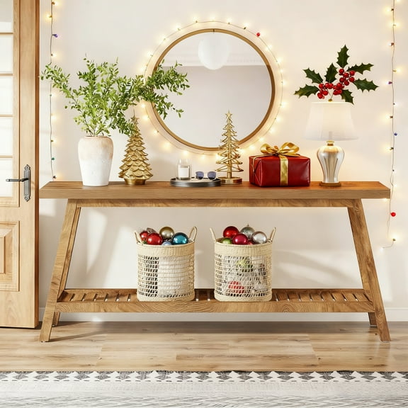 70.9-Inch 2-Tier Solid Wood Console Table, Farmhouse Extra Long Sofa Table, Sturdy Yellow Brown Entryway Table With Storage For Living Room Hallway