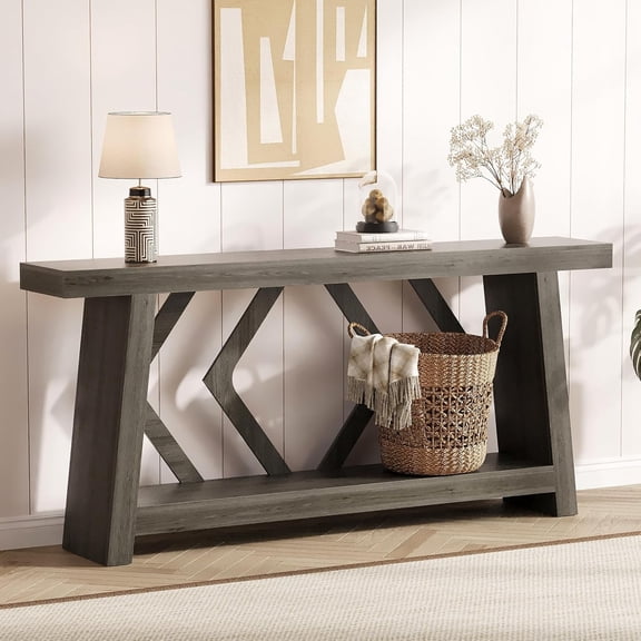 70.9 Inch All-Wood Console Table, Ultra-Stable Trapezoid Leg Sofa Table Behind Couch, 2-Tier Extra Long Entryway Table for Hallway, Living Room, Narrow Foyer, Gray