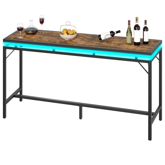 70.9 Inch Bar Table With LED Lights, Counter Height Pub Table, Metal Frame, Rustic Brown Top, Standard Color