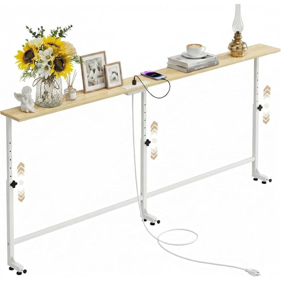 70.9 Inch Behind Couch Table, 24"-32" Adjustable Height Range, Behind The Couch Table with Outlet, Adjustable Console Table, Narrow Long Sofa Table, for Living Room, Oak
