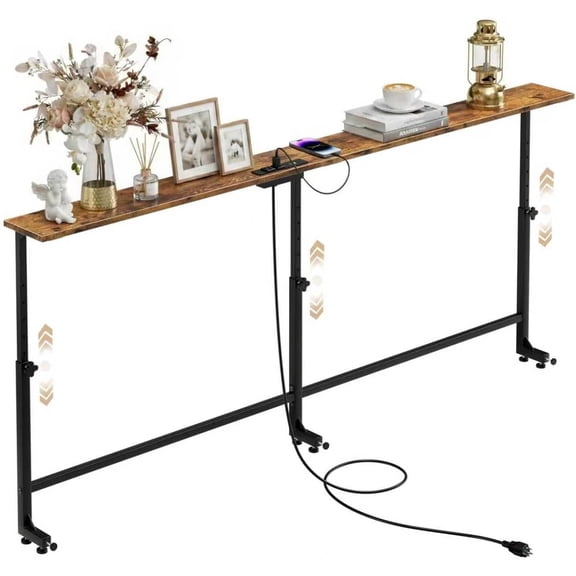 70.9 Inch Behind Couch Table, 24"-32" Adjustable Height Range, Behind The Couch Table with Outlet, Adjustable Console Table, Narrow Long Sofa Table, for Living Room, Rustic Brown