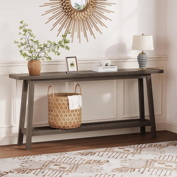 70.9 Inch Console Table, 2-Tier Narrow Sofa Table Behind Couch, Extra Long Entryway Table for Hallway, Industrial Farmhouse Entry Table for Living Room, Foyer, Gray