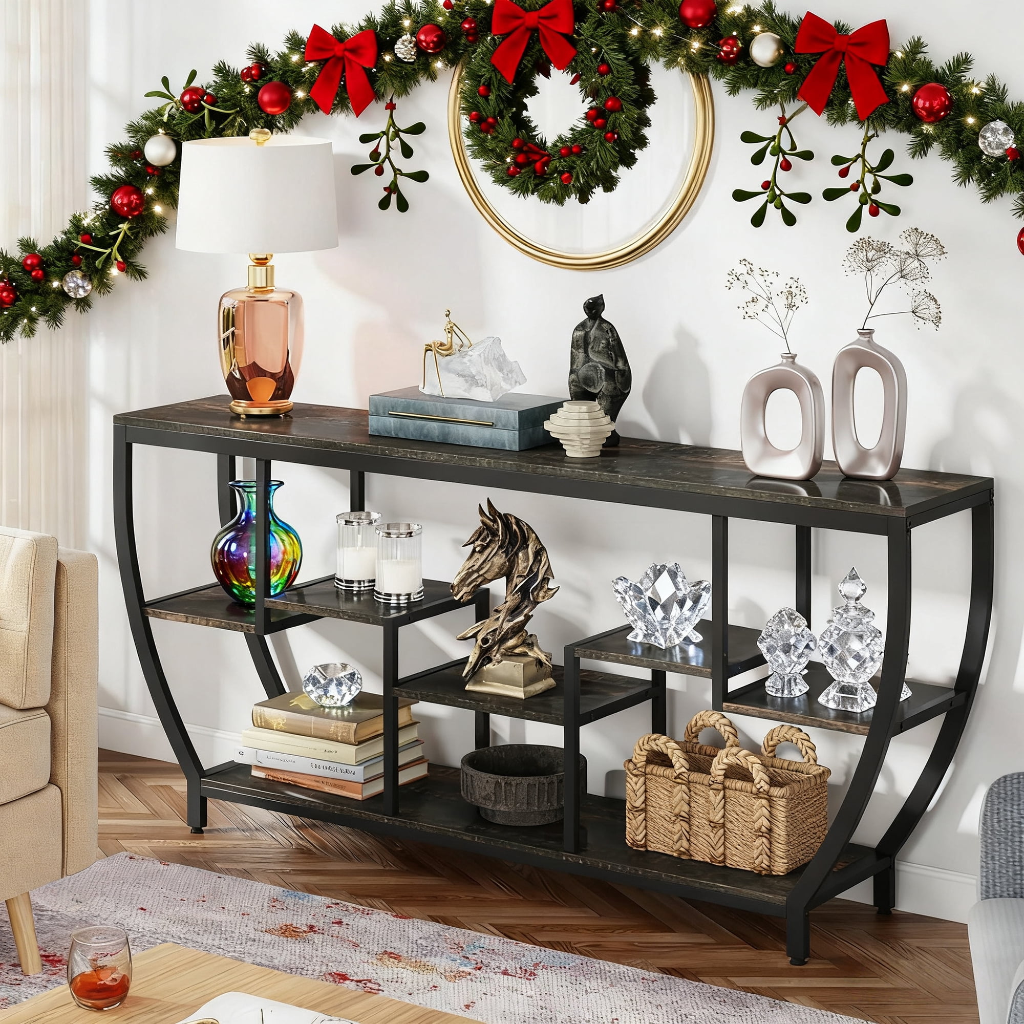 70.9 Inch Dark Grey Industrial Rustic Sofa Table, 7 Staggered Shelves ...