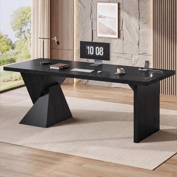 70.9 Inch Executive Desk with Power Outlet, Large Home Office Desk, Modern Aesthetic Computer Writing Table Workstation Business Furniture (Black)