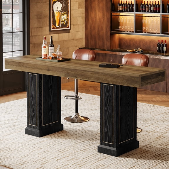70.9-Inch Extra Long Bar Table Rustic Counter-Height Pub Table with Dual Pedestal Base and Gold Accents, Heavy-Duty High Top Table for Home Bar, Kitchen, or Game Room