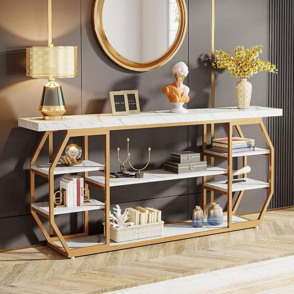 70.9 Inch Extra Long Console Table, Modern Sofa Table Behind Couch with Storage Shelves for Living Room, Entrance, Hallway(Gold/Faux Marble White )