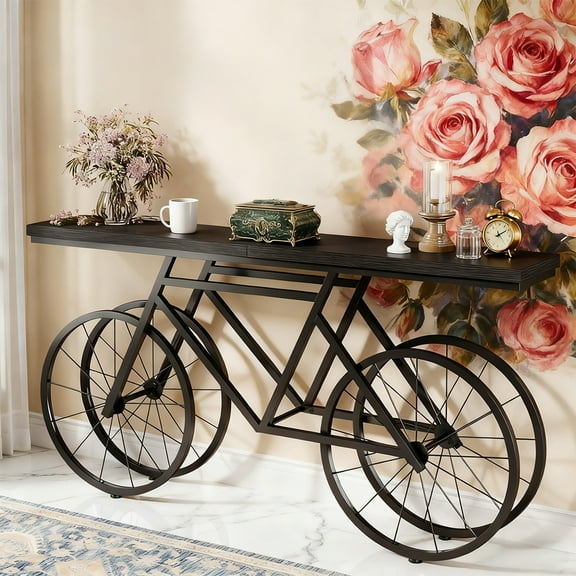 70.9-Inch Extra Long Console Table, Narrow Sofa Table With Bicycle Metal Base, Modern Industrial Entryway Table, Sturdy MDF Top Behind Couch Table For Living Room, Hallway, Foyer