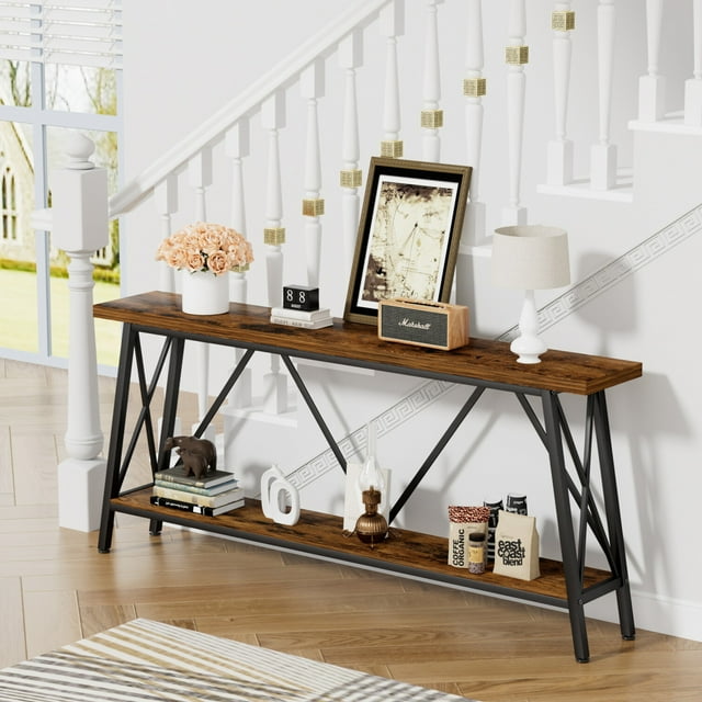 70.9 Inch Extra Long Sofa Table, Industrial Entryway Table with 2 Tier Storage Shelves, Console Table Behind Sofa for Hallway, Living Room, Brown