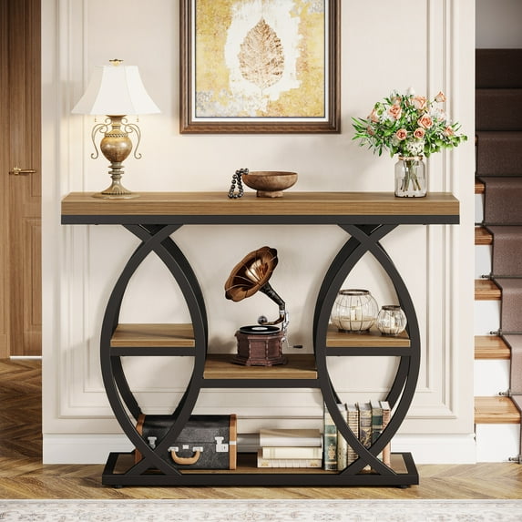 Finmind 4-Tier Console Table, 39" Wood Sofa Table with Storage Shelves, Brown