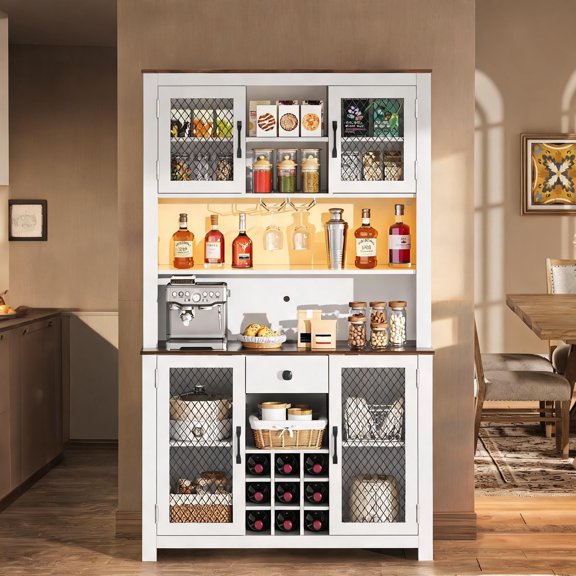 70.9-Inch Farmhouse Buffet Cabinet with Power Outlets, Wine Rack LED Light, White-Toned MDF
