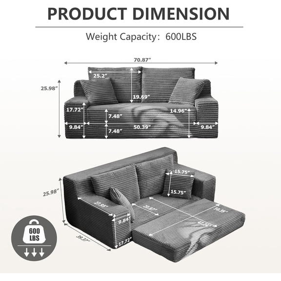 70.9 Inch Flannel Fabric Loveseat Sofa Bed with 2 Pillows, Modern Convertible Sleeper Couch for Living Room Bedroom Office