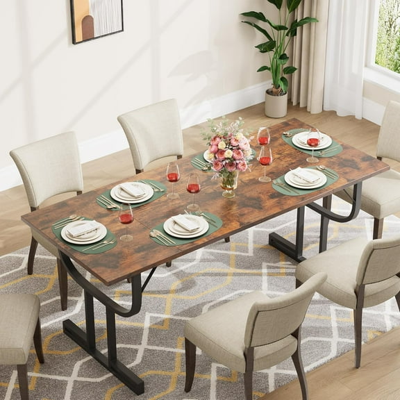 70.9-Inch Home Kitchen Dining Table for 6 People, Rectangular Wood Farmhouse Dining Table, Rustic Kitchen Table with Heavy Duty Metal Legs for Dining Room
