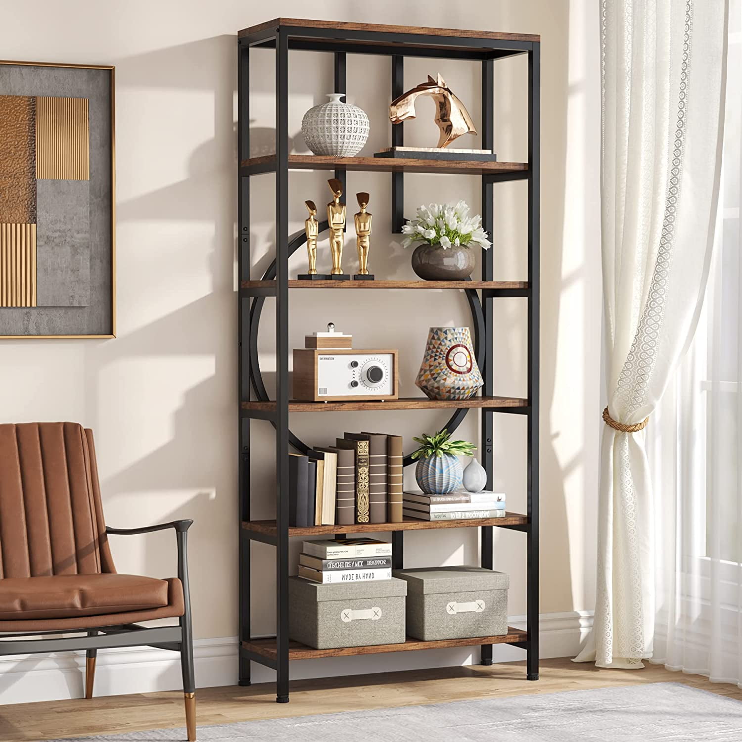 70.9 Inch Black Metal and Wood 6-Tier Bookshelf