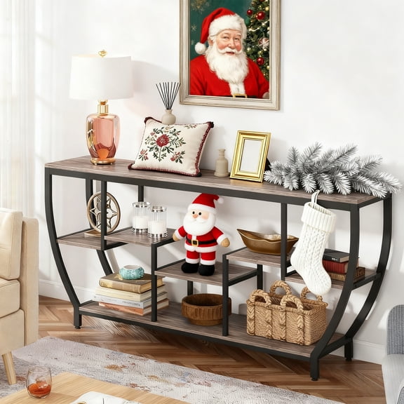 70.9-Inch Industrial Console Table With 7 Shelves, Rustic Grey Sofa Table, Sturdy Metal Frame Storage Table For Living Room Hallway Foyer Behind Couch