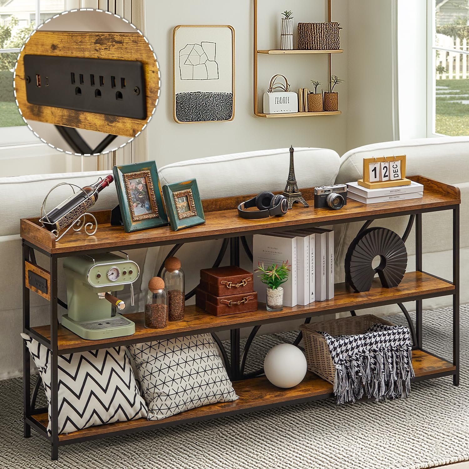 70.9 Inch Industrial Console Table with USB Charging Ports & Outlets, 3 ...