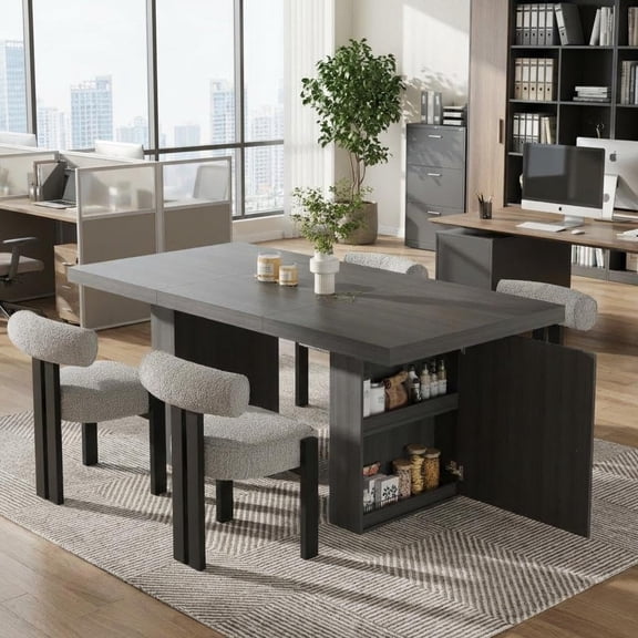 70.9 Inch Large Dining Table for 6-10 People with Storage, Modern Wood Rectangular Kitchen Table with Fluted Legs, Heavy Duty Dining Room Table for Kitchen, Living Room,Gray