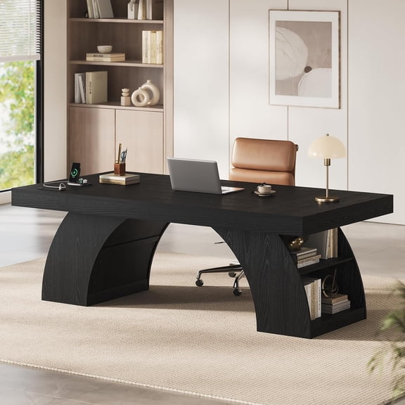 70.9-Inch Large Executive Desk with Power Outlet and Storage Shelves, Modern Aesthetic Wood Writing Table for Home Office, Black