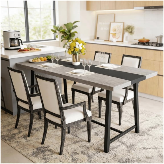 70.9 Inch Long Dining Table, Industrial Design with Black Steel Frame and Gray Tabletop, Multi-Purpose Home Table