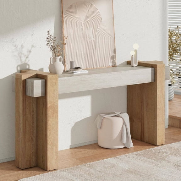 70.9-Inch Modern Console Table, Geometric Minimalist Entryway Sofa Table in Limestone and Natural Oak Finish