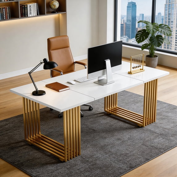 70.9 Inch Modern Office Desk Wooden Computer Desk White Executive Desk With Gold Metal Legs Large Workstation Study Writing Desk Small Conference Table