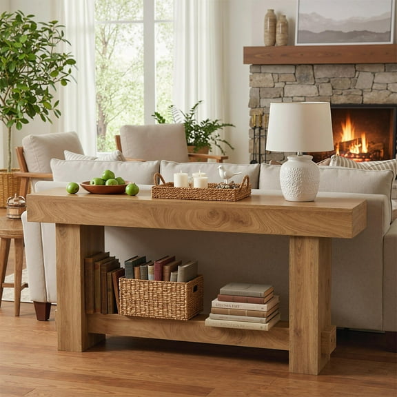 70.9-Inch Modern Rustic Console Table, Wooden Farmhouse Sofa Table Behind Couch With Center Balance Bar, Chunky Block Legs For Entryway, Hallway, Living Room