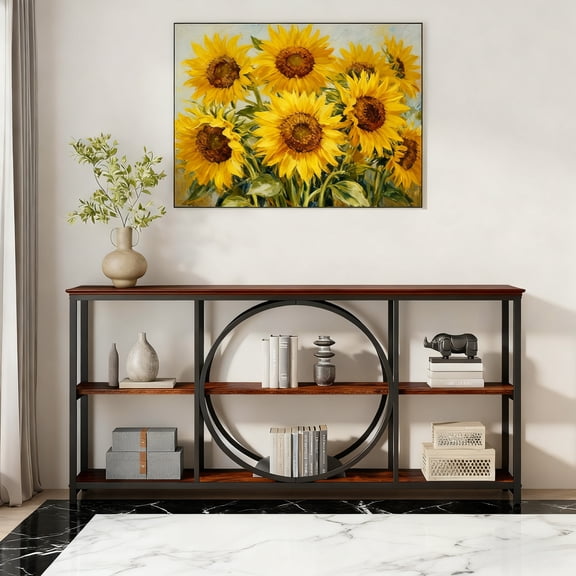 70.9 Inch Rustic Brown Black Console Table, 3 Tier Storage Shelves With Middle Circular Frame, Industrial Narrow Sofa Table For Entryway Living Room Behind Couch