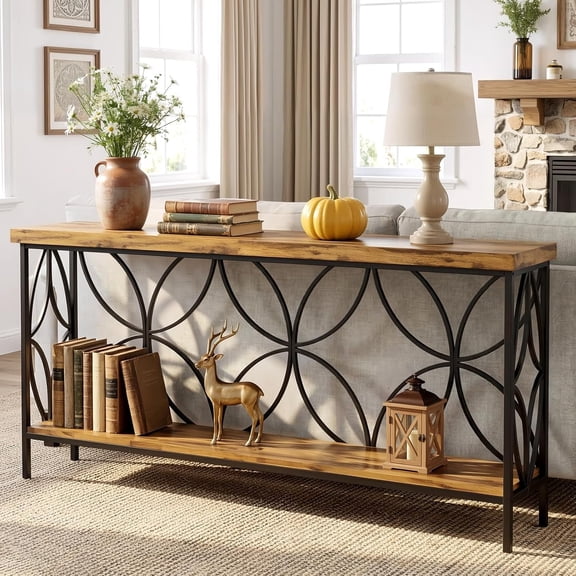 70.9 Inch Sofa Table, Industrial Long Narrow Console Table Behind Couch, Entryway Table with Open Storage Shelves for Living Room, Hallway, Office, Retro Brown