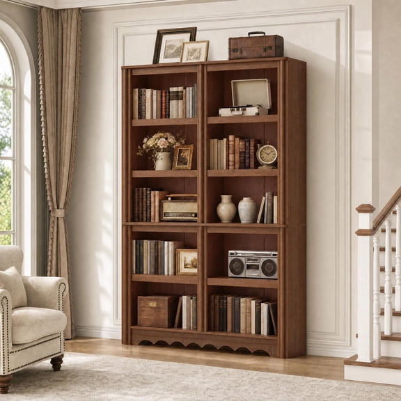 70.9 Inch Tall 5Tier Wood Bookshelf, Classic Roman Column Decor Bookcase, Freestanding Storage Display Shelf for Home Office Living Room Bedroom, Brown