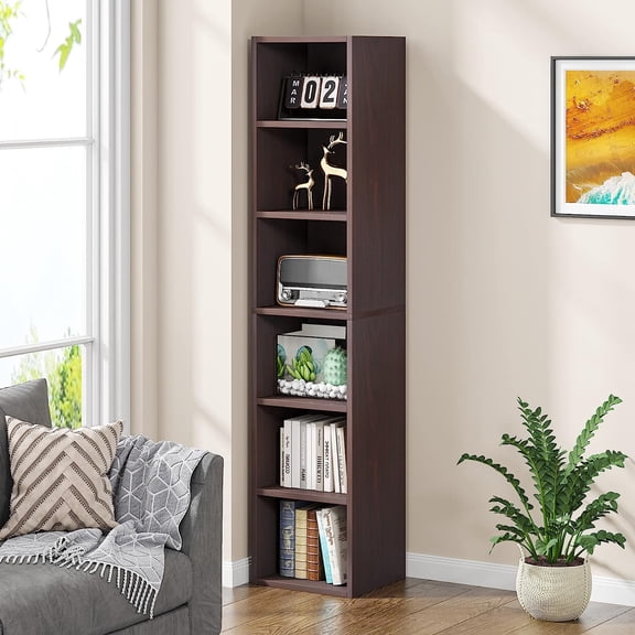 70.9 Inch Tall Narrow Corner Bookcase, 6-Tier Cube Storage Shelf Organizer for Small Space, Brown