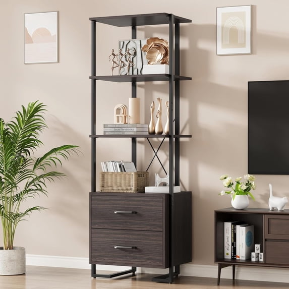 70.9" Industrial 4-Tier Bookshelf w/ 2-Drawers - Brown Metal Frame Bookcase