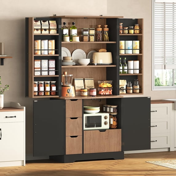 70.9" Kitchen Pantry Cabinet with 6 Door Shelves & 4 Drawers, Farmhouse Freestanding Storage Cabinet with Anti-Tip Device, Tall Food Pantry for Kitchen Dining Room, Black
