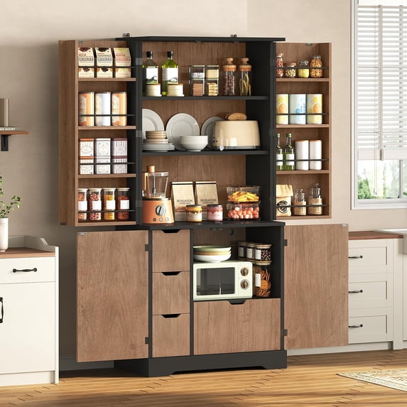 70.9" Kitchen Pantry Cabinet with 6 Door Shelves & 4 Drawers, Farmhouse Freestanding Storage Cabinet with Anti-Tip Device, Tall Food Pantry for Kitchen Dining Room, Brown
