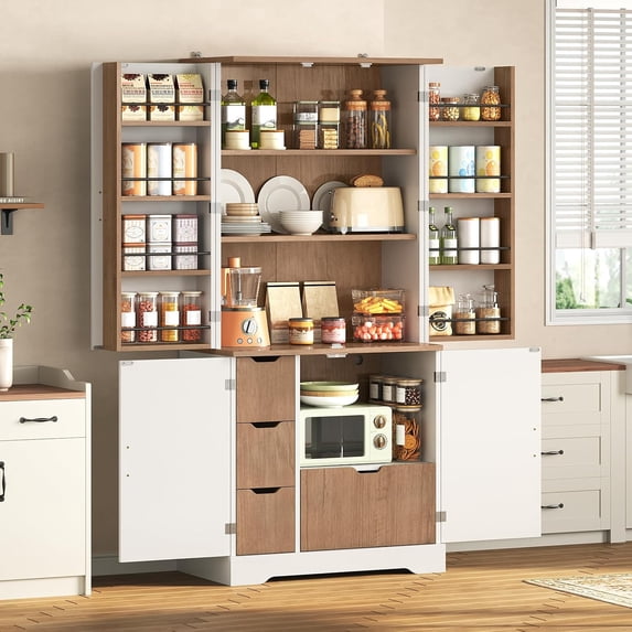 70.9" Kitchen Pantry Cabinet with 6 Door Shelves & 4 Drawers, Farmhouse Freestanding Storage Cabinet with Anti-Tip Device, Tall Food Pantry for Kitchen Dining Room, White