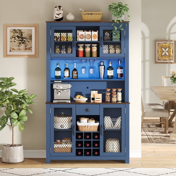 TesNus 70.9" Kitchen Pantry Storage Cabinet with LED Outlets, MDF Buffet Hutch with Shelves and Wine Rack, Navy Blue