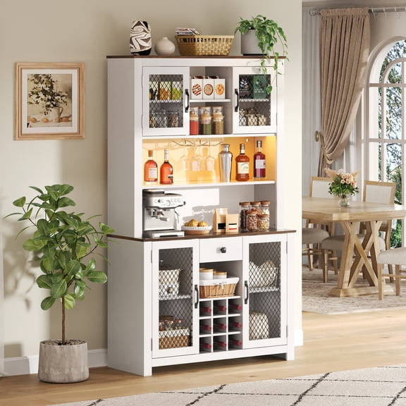 TesNus 70.9'' Kitchen Pantry Storage Cabinet with LED Light Glass Doors Adjustable Shelves Navy Blue for Dining Room