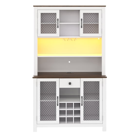 70.9" Kitchen Pantry Storage Cabinet Rustic Buffet Cabinet, Kitchen Hutch Cabinet with LED Outlets Food Pantry Cabinet with Doors and Shelves Wine Rack for Dining Room, White