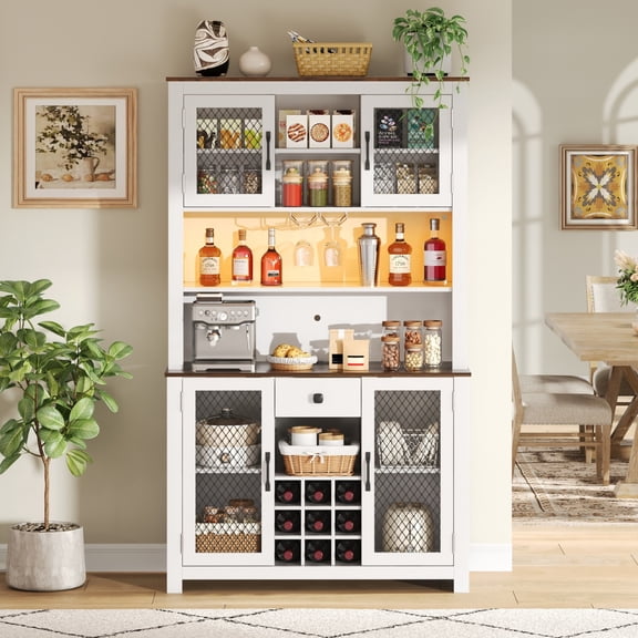 70.9" Kitchen Pantry Storage Cabinet Rustic Buffet Cabinet, Kitchen Hutch Cabinet with LED Outlets Food Pantry Cabinet with Doors and Shelves Wine Rack for Dining Room, White